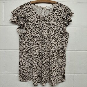 FYVE Womens LARGE Animal Print Flutter Sleeve Pleated Round Neck Blouse Cheetah